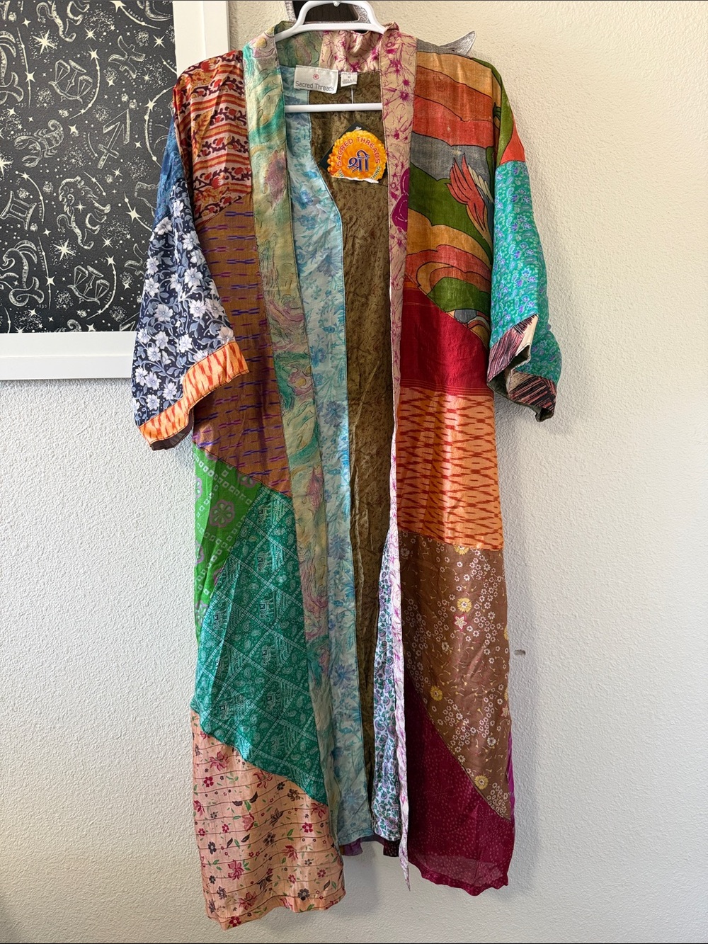 Sacred Threads Mixed Print India Silk BOHO Festival HIPPIE Kaftan Robe Womens M